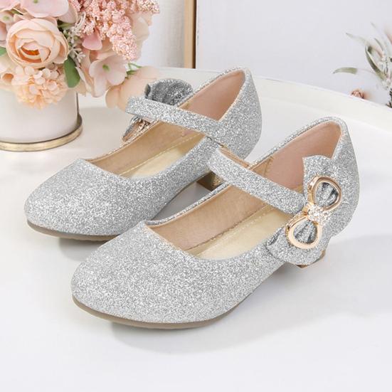 Girls Princess Flats Low Heel Dress Shoes Mary Glitter Wedding Party Sparkling Bow