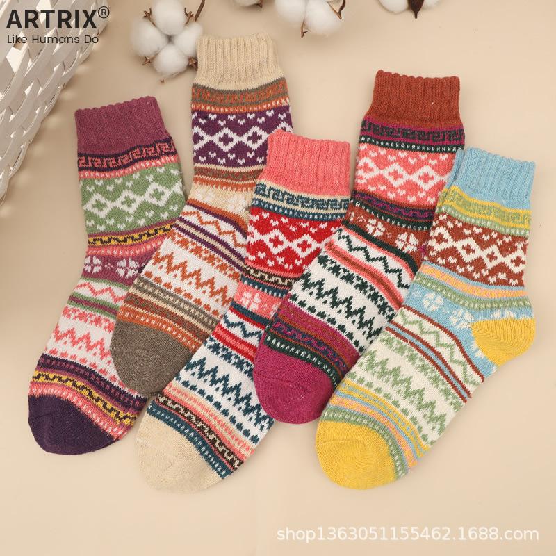 5 Pairs of Wool Socks, Double Thick Needle Socks, Cross Flower Women's Socks, Mid Tube Socks, Woolen Socks, Warm and Thick