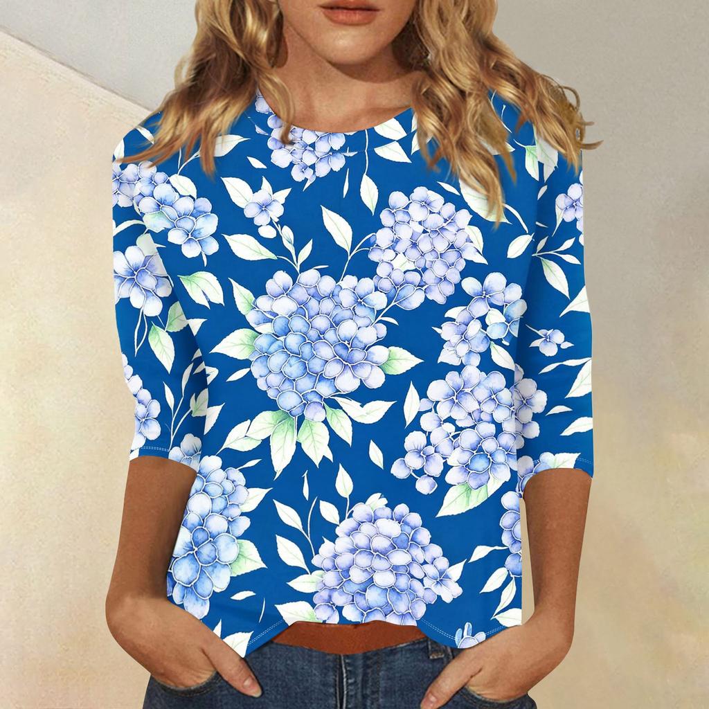 Womens Casual Floral Print Top with Three Quarter Sleeves and Crew Neck Relaxed Fit Lightweight Blouse for Everyday Wear