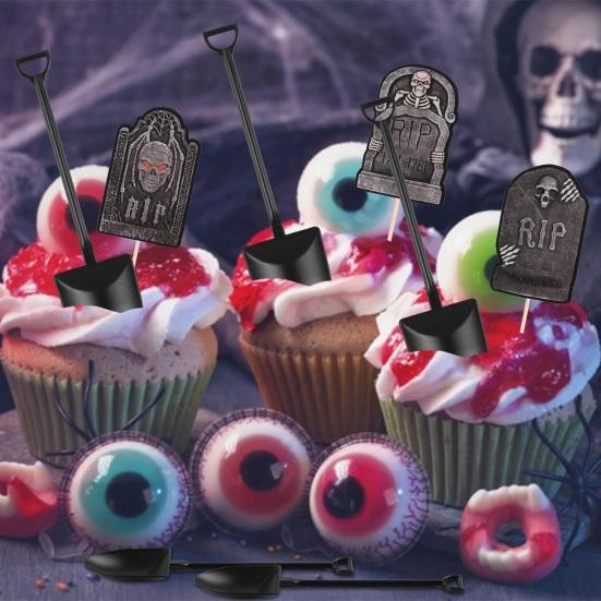 48 Pcs Halloween Cupcake Toppers Tombstones Graveyard Cake Decorations with Mini Shovel Spoons for Halloween Birthday Party Supplies