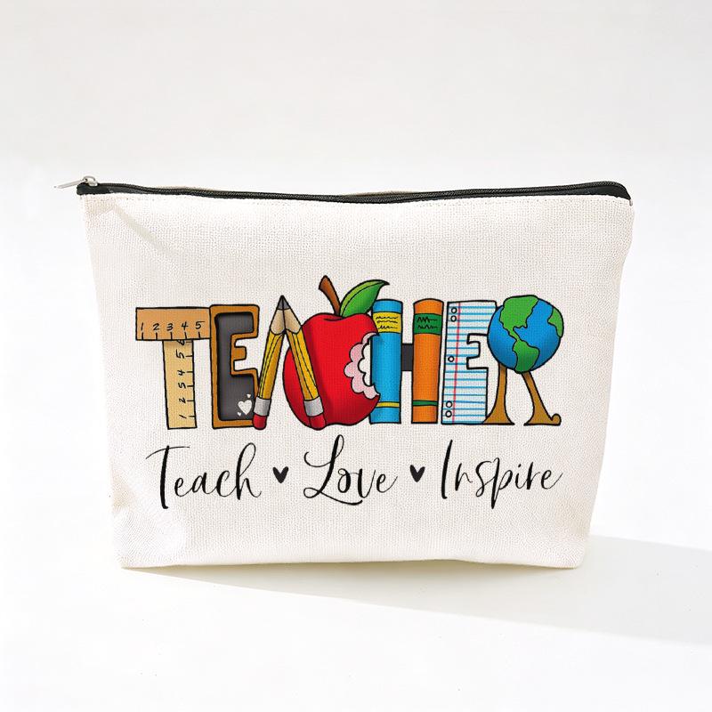 Teacher's Day Inspirational Slogan Makeup Bag - Portable Imitation Linen Zipper Pouch