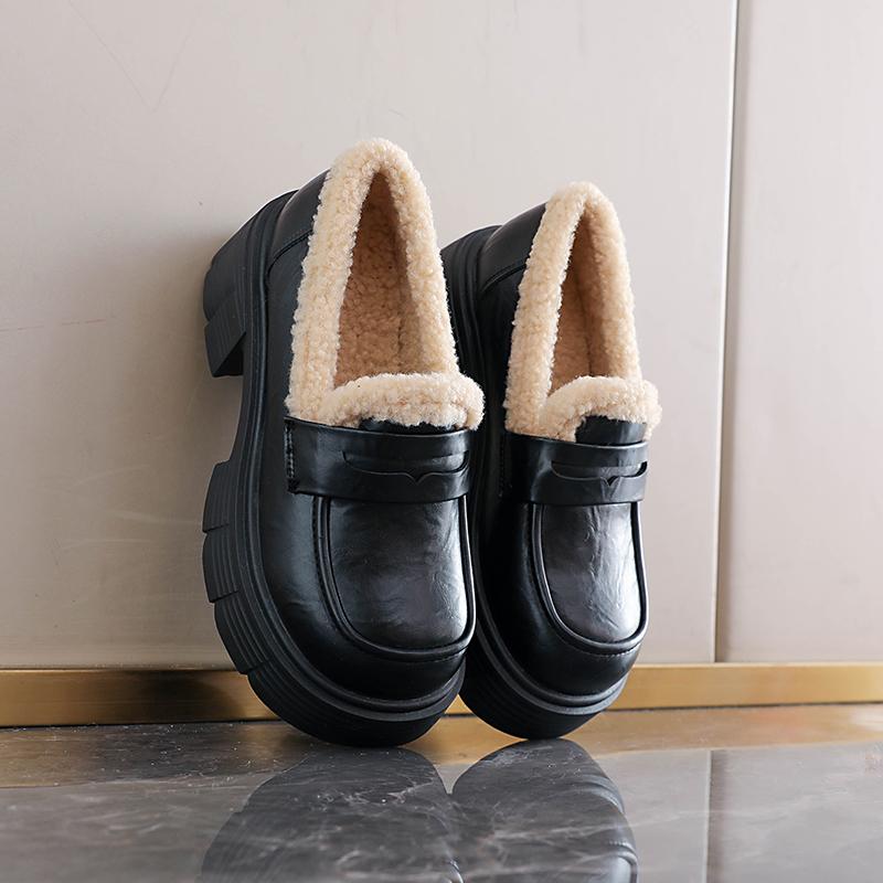 TUINANLE Winter New Plush Lined Loafers Women's Retro Chunky Platform Fluffy Leather Shoes Comfortable & Warm