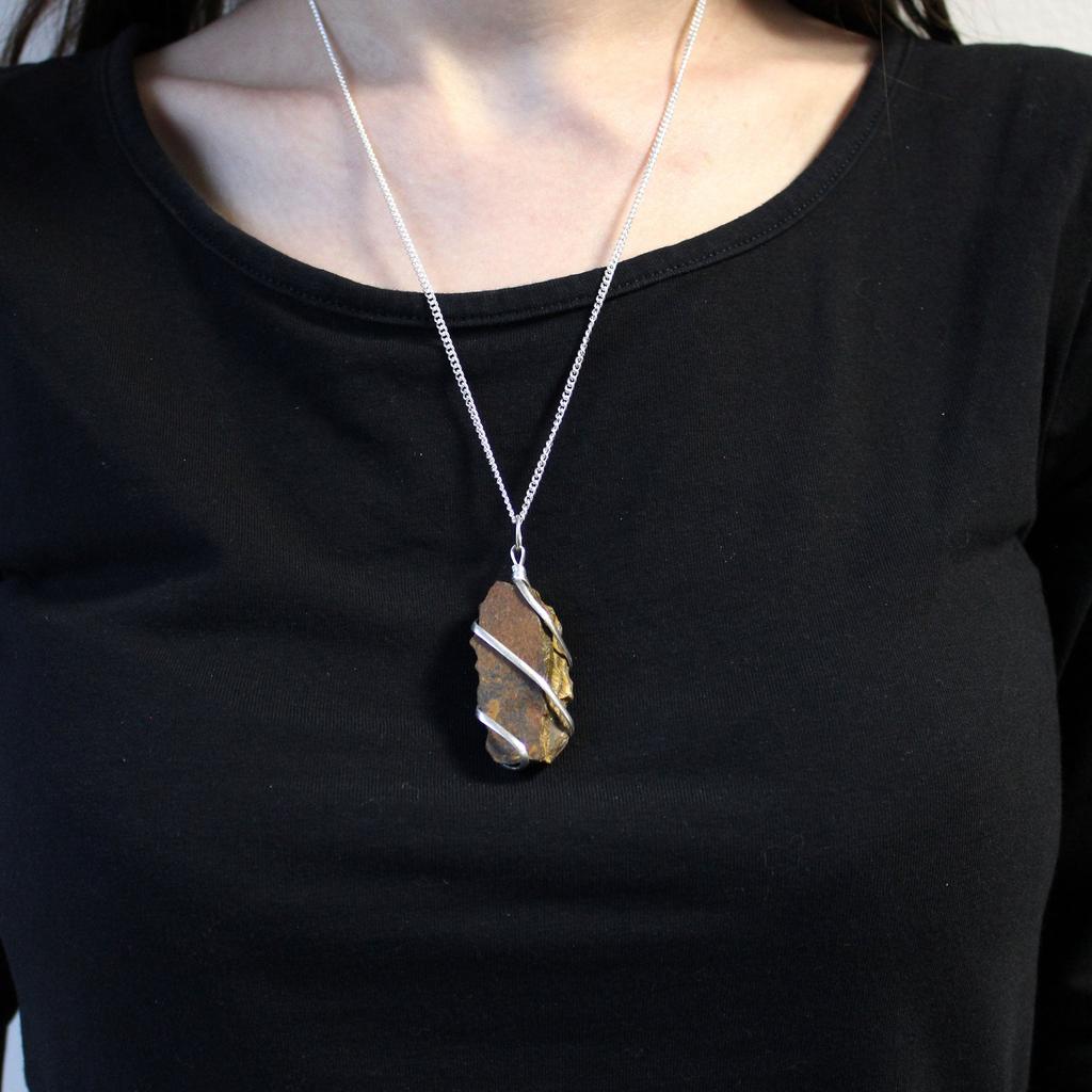 Tiger Eye Necklace Rough Wire Wrapped Pendant