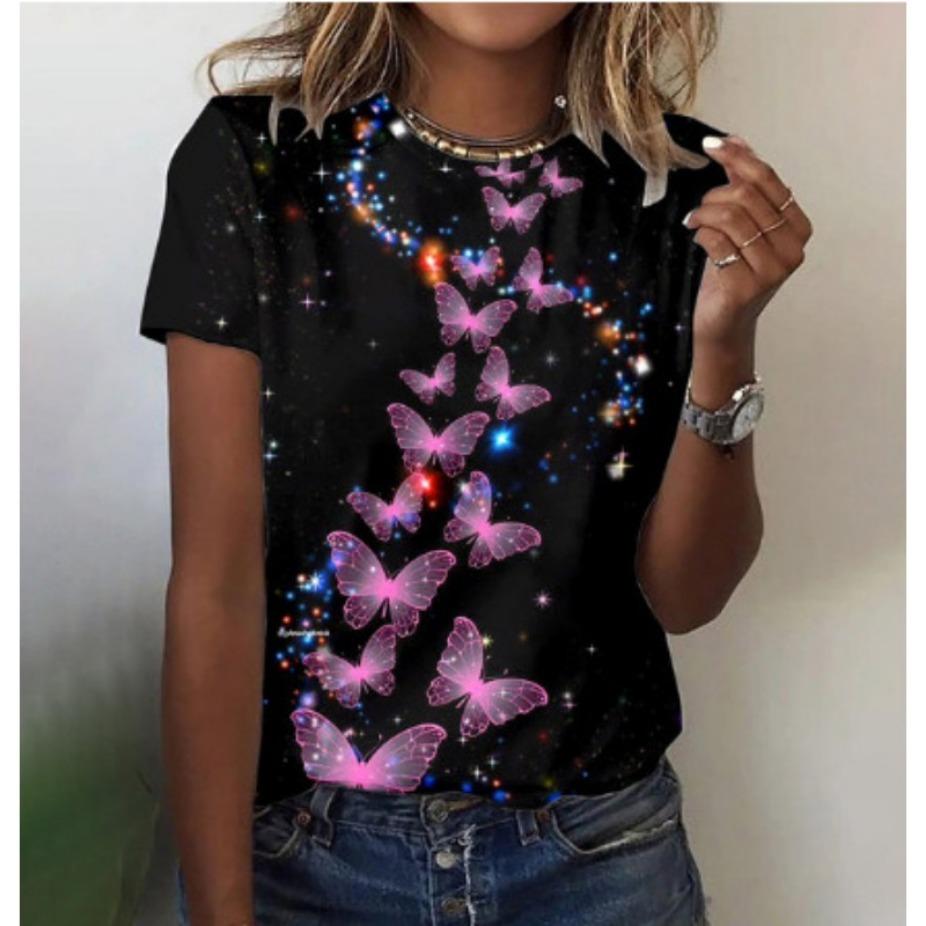 Summer Round Neck 3D Colorful Butterfly on Black Background Print Top Fashionable Casual Short Sleeved Women's T-shirts