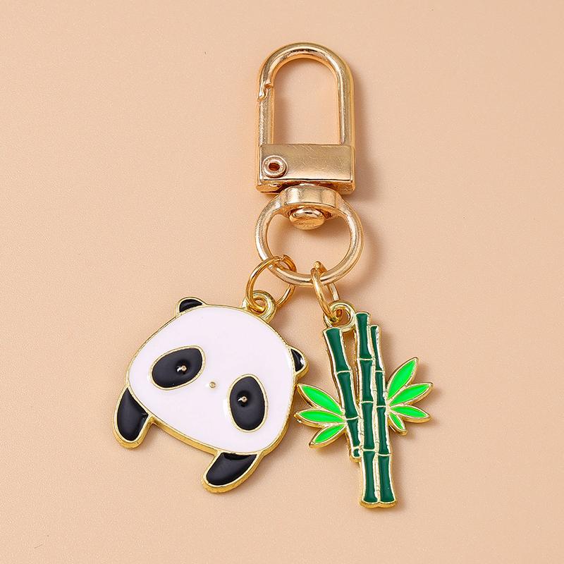 Cute Enamel Animal Panda Key Chain Bamboo Key Ring Pendant for Women Girl Handbag Decor DIY Handmade Jewelry Gift