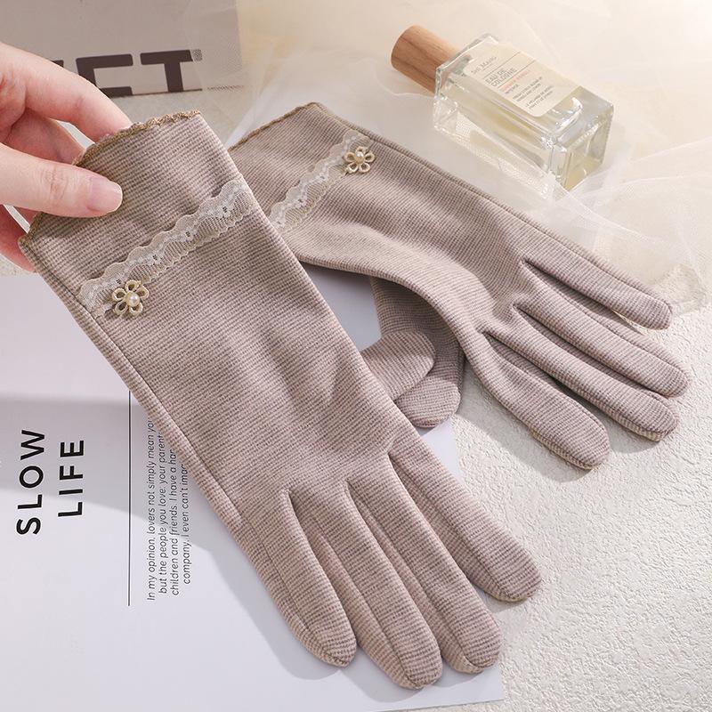 Warm Gloves Single Layer Women's Elegant Lace Houndstooth Outdoor Riding Cold Proof and Wind Proof Touch Screen Autumn and Winter Gloves