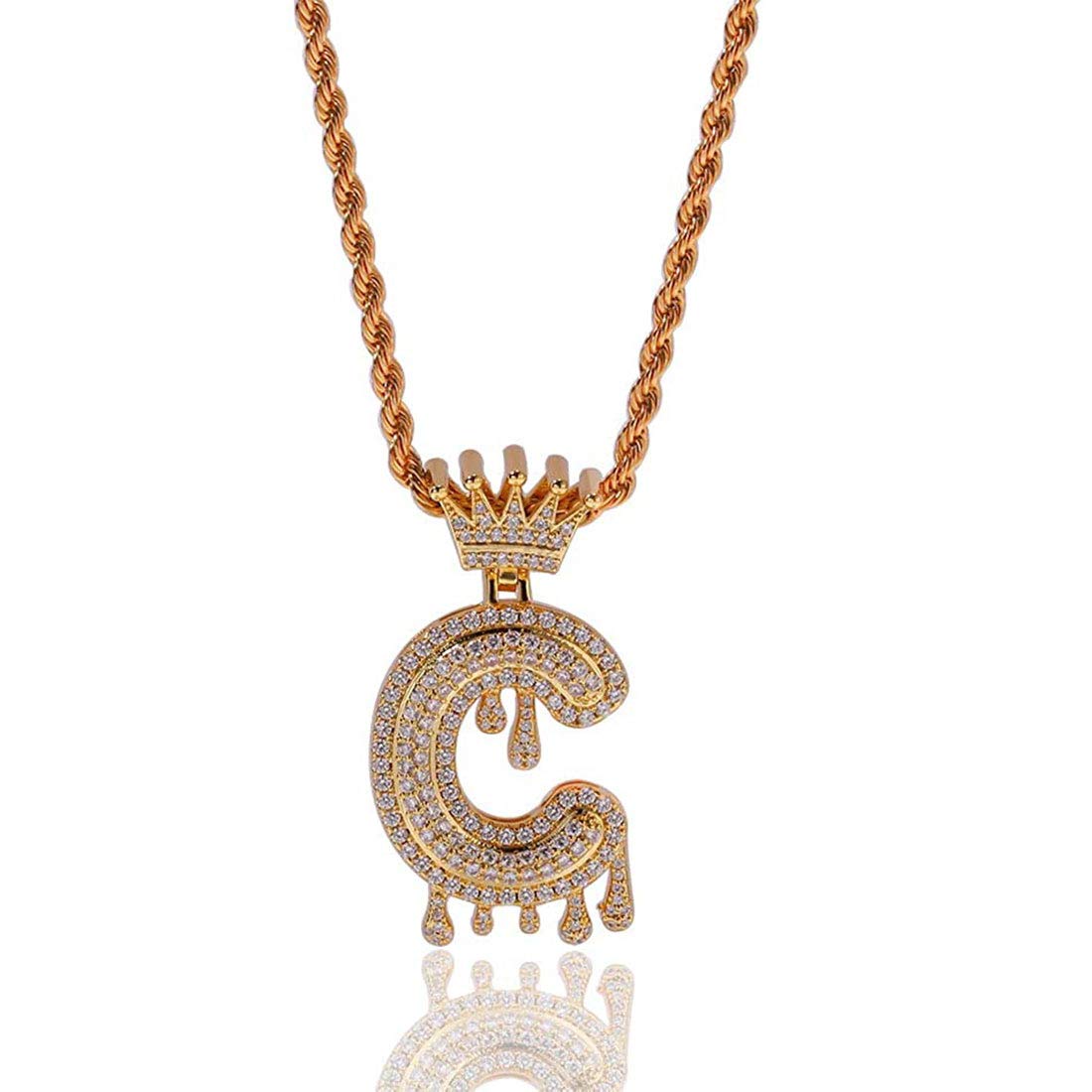 

Initial Alphabet Pendant Necklace Gold Zirconia Crown Motif Necklace Unisex Hip Hop Accessory [Rockyu] Men s A-Z (P, Gold)