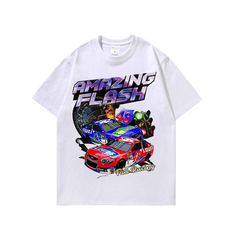 Vintage Washed Loose Fit Cotton T-Shirt With Racing Print Unisex Streetwear Crew Neck Short Sleeve