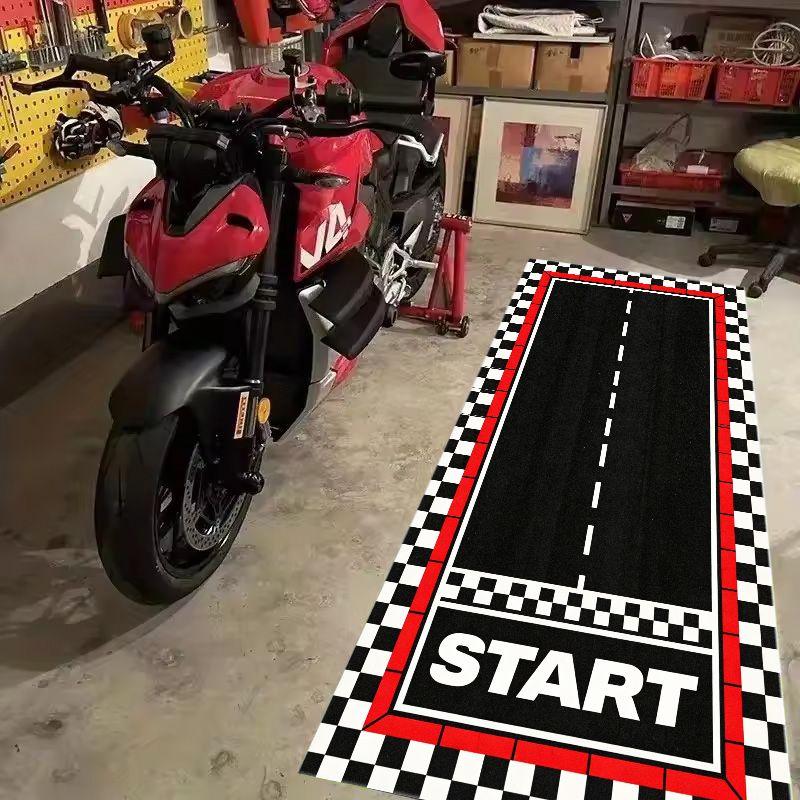 Racing Checkered Motorcycle Pit Mat Anti Slip Parking Rug For Garage Workshop Moto Display Floor Decor Carpet