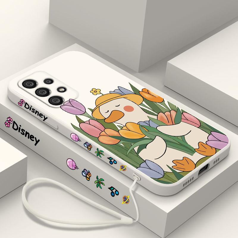 Duck With Sunglasses Cute Cartoon Phone Case For Samsung A73 A53 A33 A52 A32 A71 A51 A21S A50 A30 5G Liquid Left Rope Soft Cover
