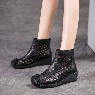 Echtes Leder Sommer Aushöhlen Stiefel Retro Handgemachte Runde Zehe Atmungsaktive Keilsandalen Damenschuhe