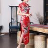 Women Dress Chinese National Style Floral Print Stand Collar Short Sleeves High Side Split Chinese Knot Buttons Cheongsam Satin Silky Slim Fit Summer