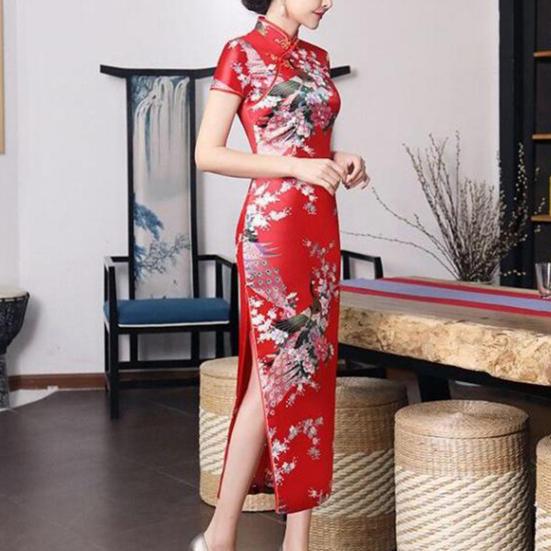 Women Dress Chinese National Style Floral Print Stand Collar Short Sleeves High Side Split Chinese Knot Buttons Cheongsam Satin Silky Slim Fit Summer