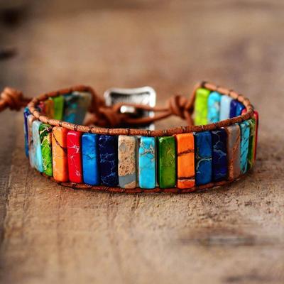 Bracelet Rectangle Ajustable Tissé Main en Pierre de l'Empereur Colorée