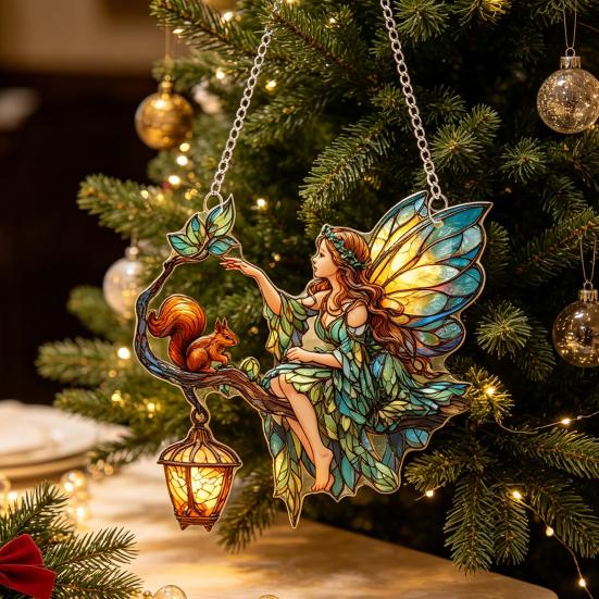 Xmas Tree Door Decorations Fairy & Gnome Christmas Acrylic Suncatcher, 2D Fantasy Elf Dwarf Window Hanging Unique Baubles Decor with Stained
