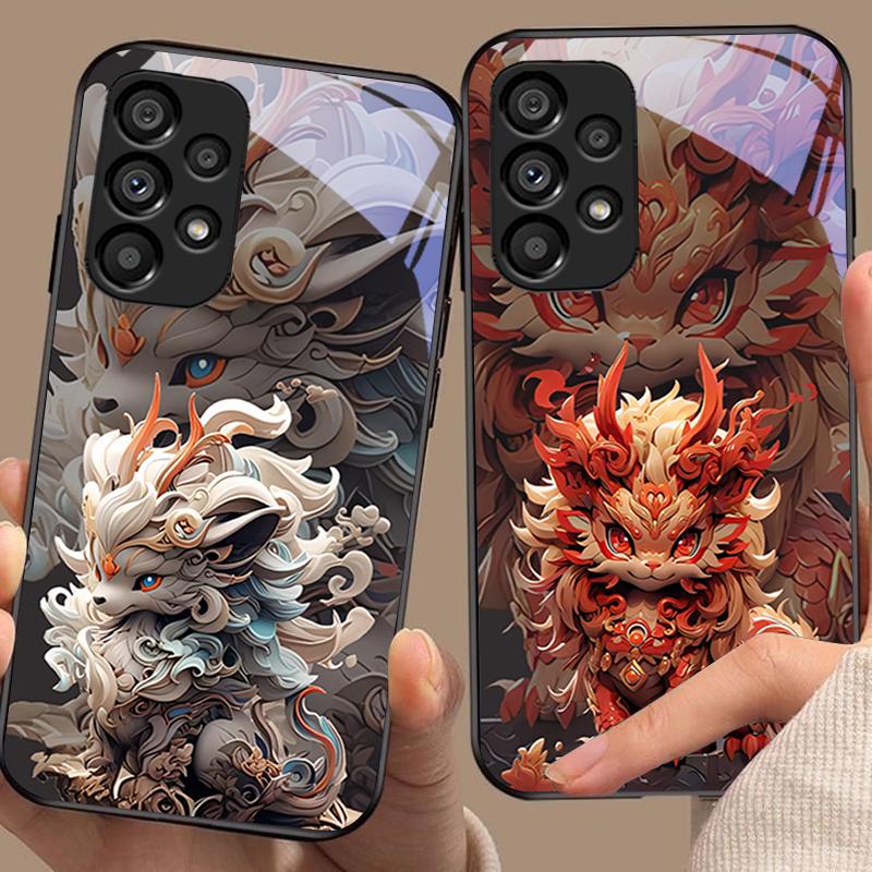 Chinese Style Lion For Samsung Galaxy S 8 9 10 20 Plus 21 FE 22 23 24 Ultra S7 Edge Black Tempered Glass Phone Case Hard Shell