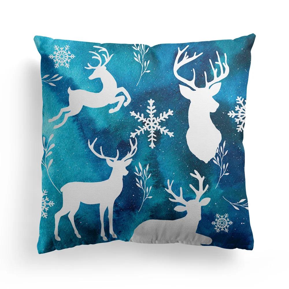 New Christmas Blue Watercolor Elk Pillowcase Christmas Decoration Holiday Gift Living Room Sofa Ornament Bedroom Home Decoration
