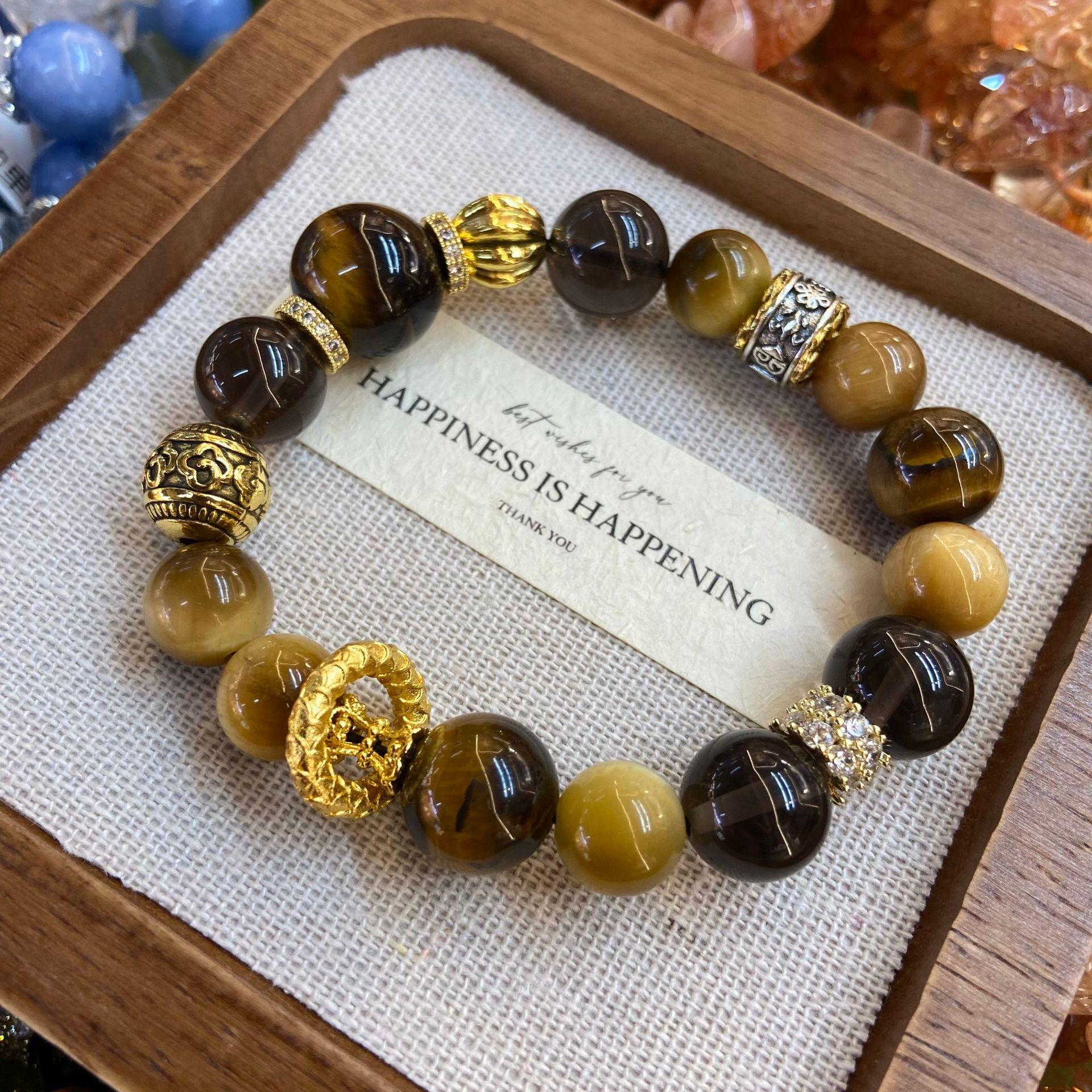 

Tiger S Eye Stone Golden Hair Crystal Yellow Tower Crystal Copper Gold-Plated Beads Snake-Shaped Girls Accessories High-End Bracelet Bracelet.