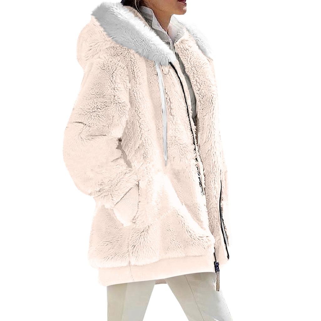 Women's Fashionable Plush Zipper Pocket Hooded Long Sleeved Loose Warm Jacket