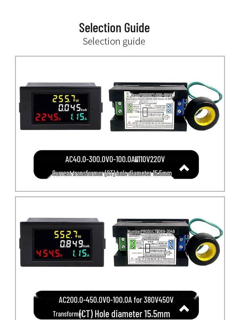 Multifunktionaler Stromzähler D69-2049: AC-Spannungs-, Strom- und 100A-Monitor mit Farb-LCD-Anzeige.