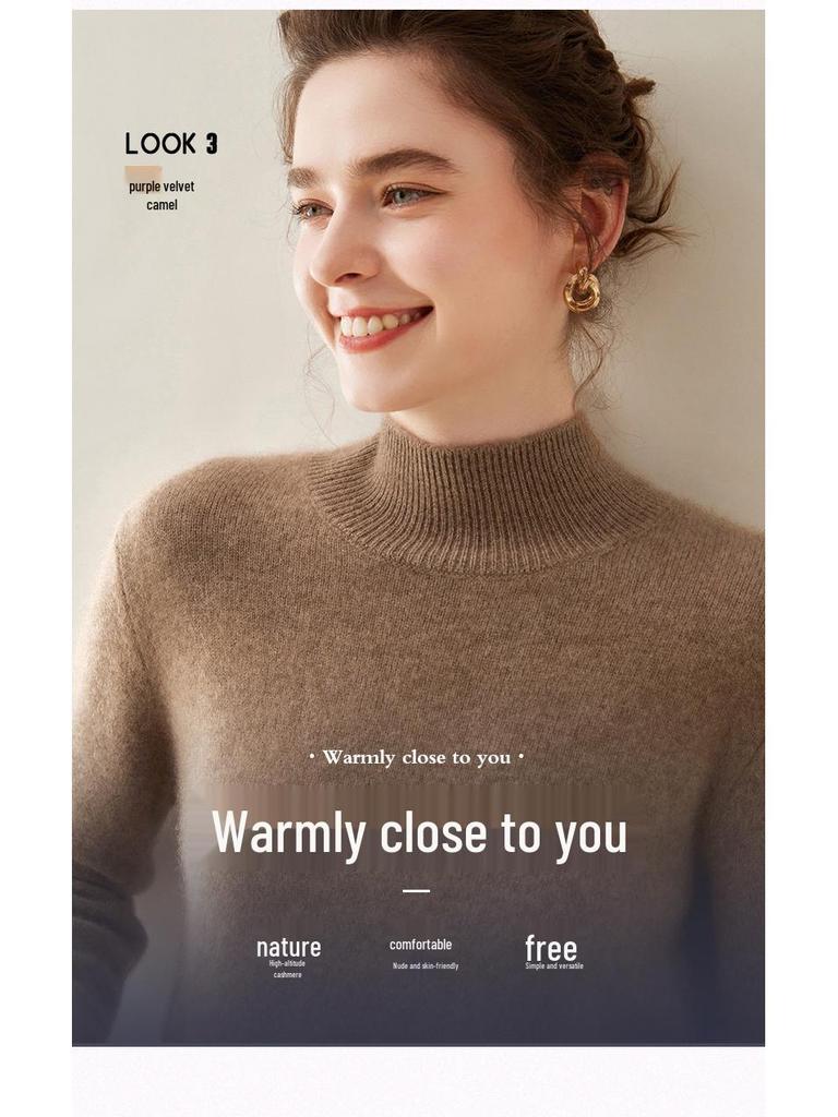 Women's Cashmere Half High Neck Slimming Solid Color Sweater for Autumn/Winter