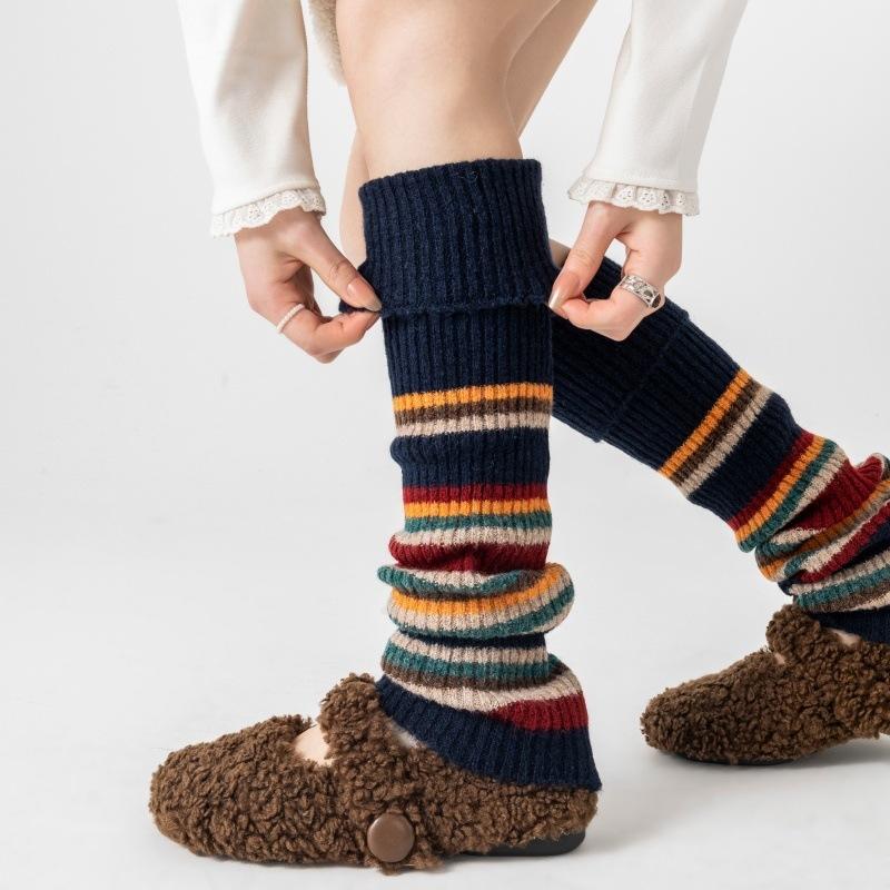 American Retro Fashion Sense~ Rainbow Striped Wool Contrasting Color Calf Socks Cover Tide Warm Ethnic Style Stacking Socks