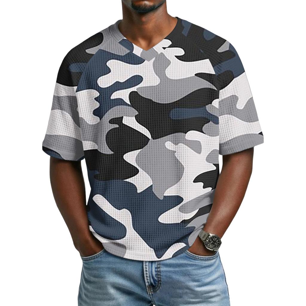 Men's Casual Sporty Camouflage Pattern Printed Shirt - Men's Breathable V-neck Short-sleeved Shirt