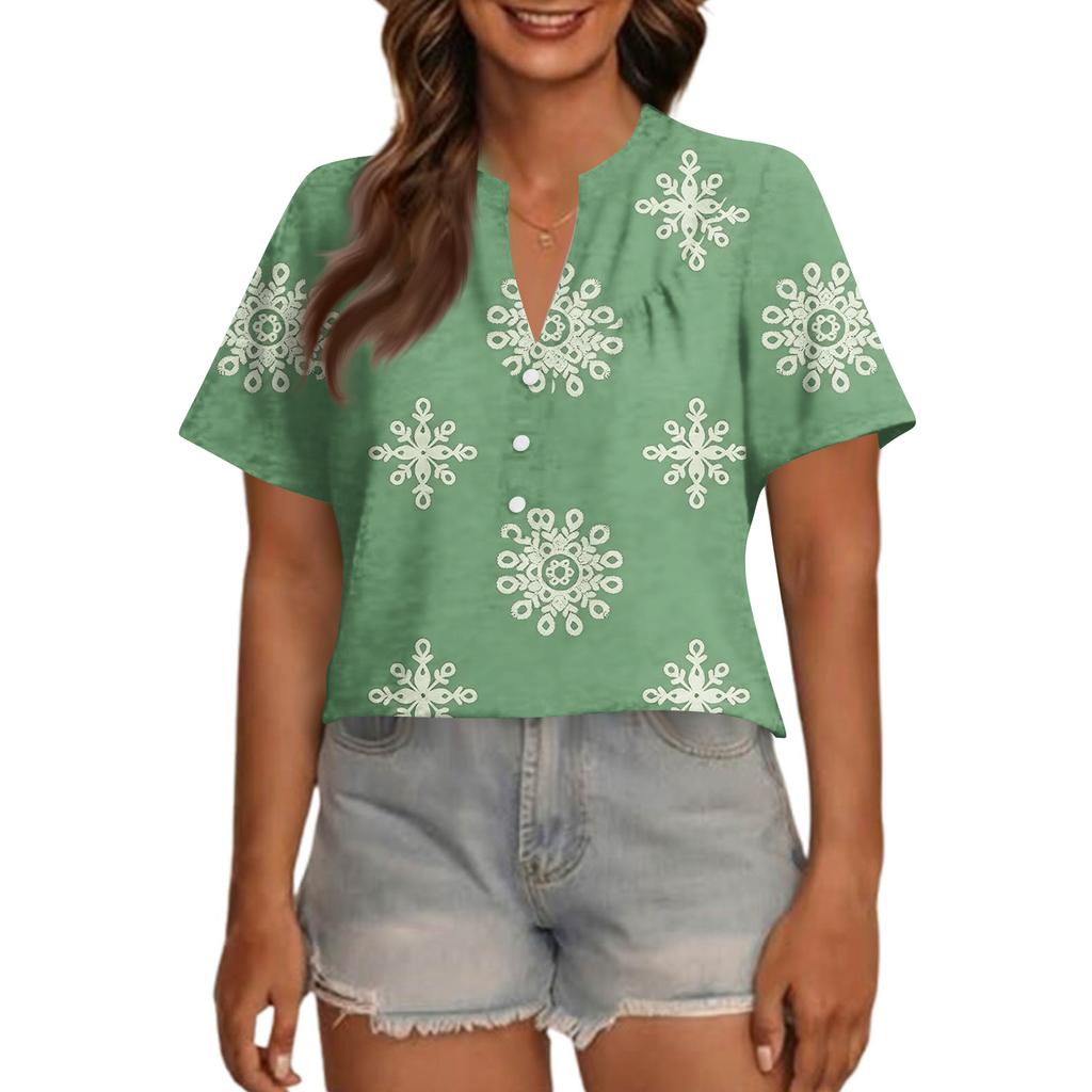 Modisches, lässiges Damen-Top mit V-Ausschnitt, Knopfleiste, Oversize-Schnitt, kurzen Ärmeln und Print