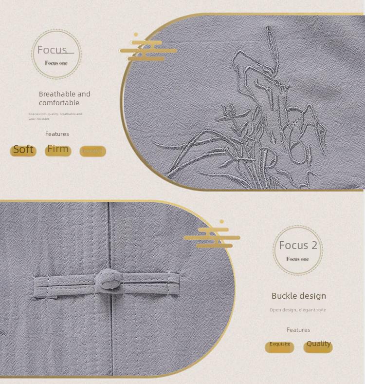 Costum Tang din bumbac-in cu mânecă scurtă pentru bărbați de vârstă mijlocie și în vârstă - Stil chinezesc Hanfu de vară