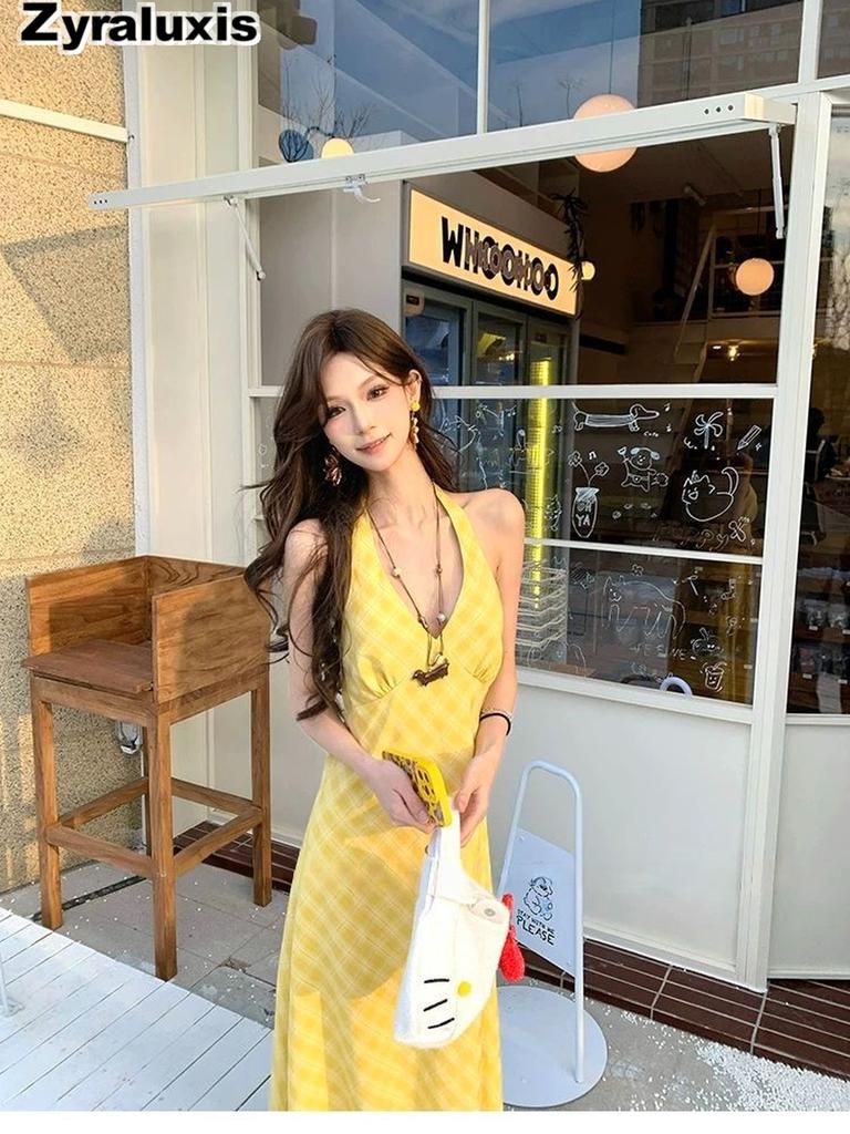 Romantic French V-Neck Vest Dress for Women, Trendy Thai Hainan Sanya Beach Summer Vacation Style Maxi Dress