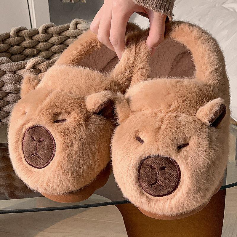 Capybara Winter Cotton Slippers: Cute Non-Slip Indoor Fur Shoes with Package Heel for Couples.