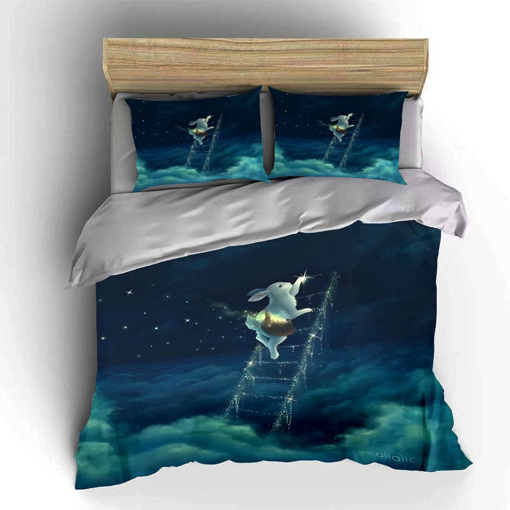 Starry Night Rabbit Decor Set Soft Comfortable Duvet Cover Bedding Set Included 1*Duvet Cover & 2*Pillowcases, Gift