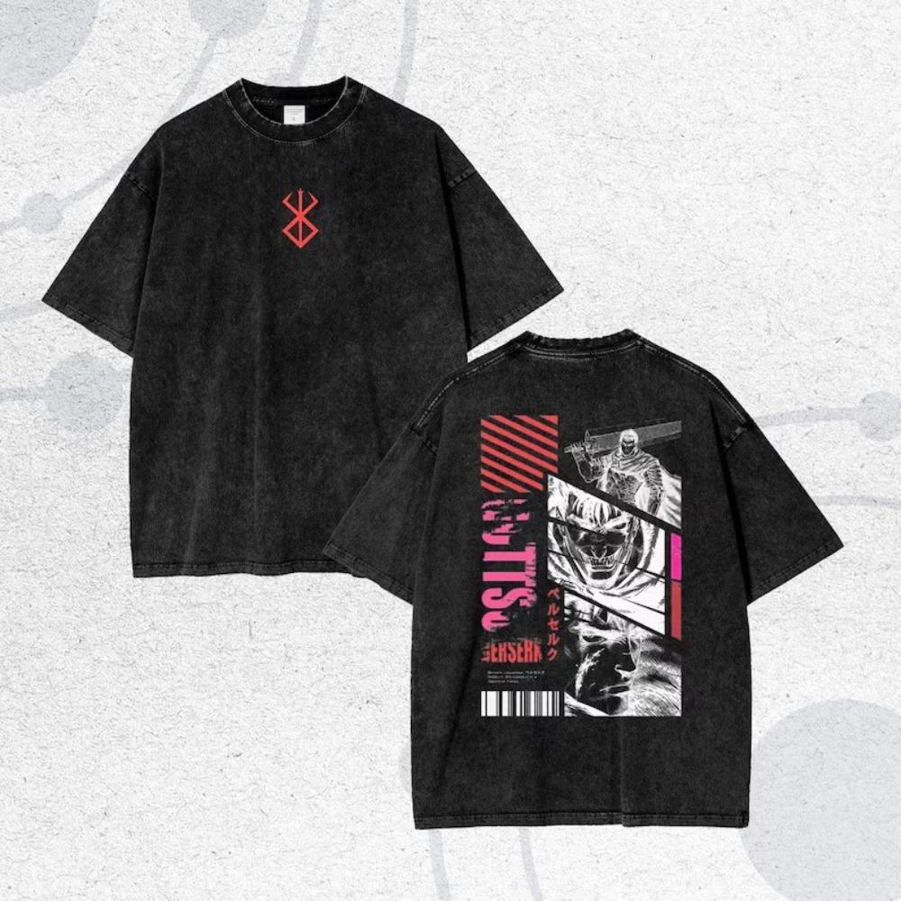 Oversized Acid-Wash Vintage Short-Sleeve T-Shirt Featuring Berserk Guts The Black Swordsman Graphic Print