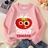 Kids Crew Neck Sweatshirt, Funny Red Tomato Cartoon Face Print, Soft Cozy Pullover for Autumn & Winter
