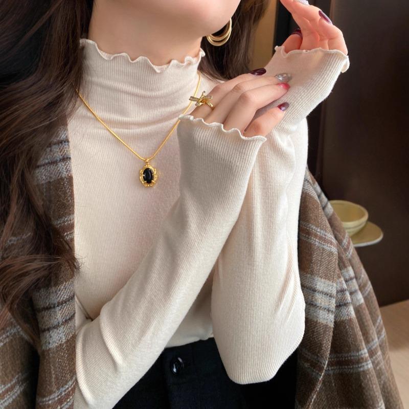 Dark Gray Fungus Lace Semi-turtleneck Polished Bottoming Shirt Women's Inner Autumn and Winter Collar Top