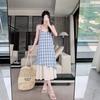 Lace Splicing Plaid Suspender Skirt Dress Women's Summer New Fresh Loose and Thin Fake Two-piece Skirt