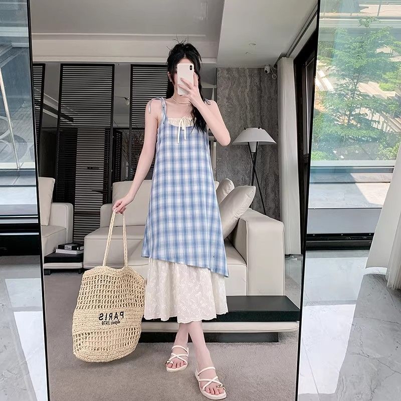 Lace Splicing Plaid Suspender Skirt Dress Women's Summer New Fresh Loose and Thin Fake Two-piece Skirt