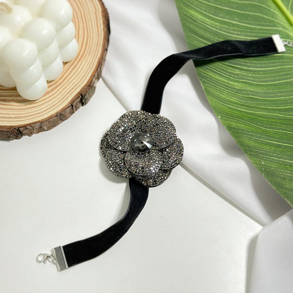 Fashion Rhinestone Flower Choker Black Collar, Lolita Flower Necklace Necklace For Women