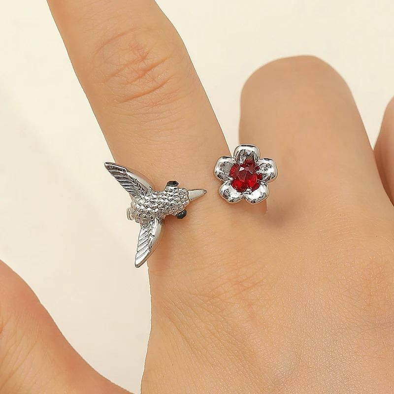 

2026 Punk Colorful Flower Bird Open Ring for Women Exquisite Vintage Zircon Joint Rings Fashion Hip Hop Versatile Jewelry Gift