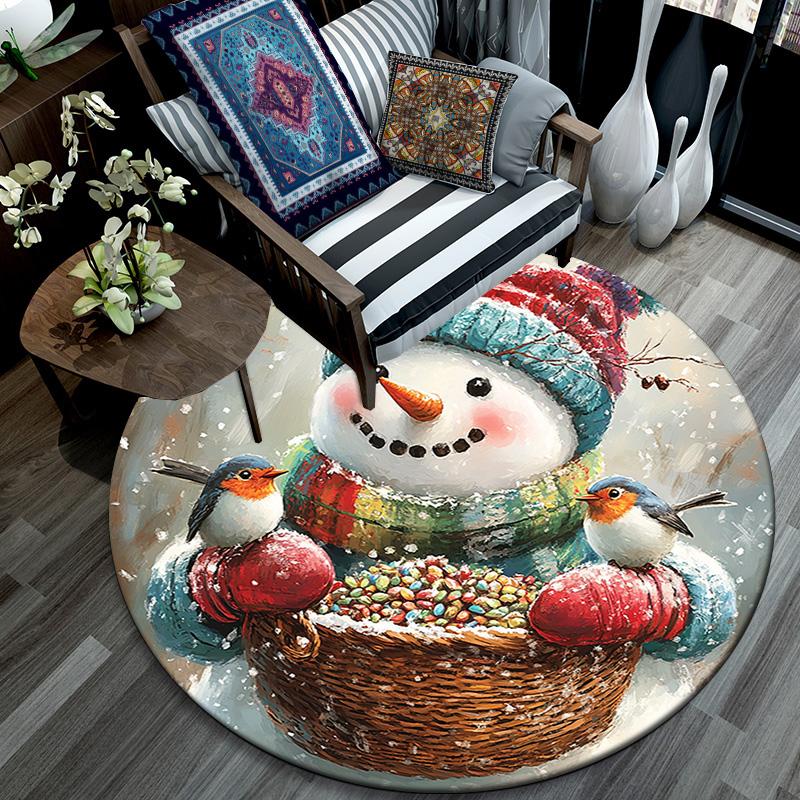 Snowman with Birds Round Area Rug,Carpet Rug for Living Room Bedroom Sofa Playroom Decor,Non-slip Floor Mat