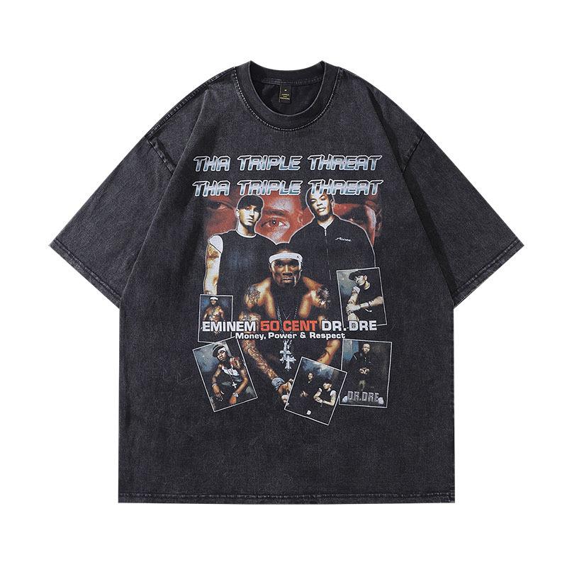 Men'S Clothing American High Street Trendy Brand Vintage T-Shirt Retro Portrait Printing Washed Loose Cotton Short-Sleeved T-Shirt Men