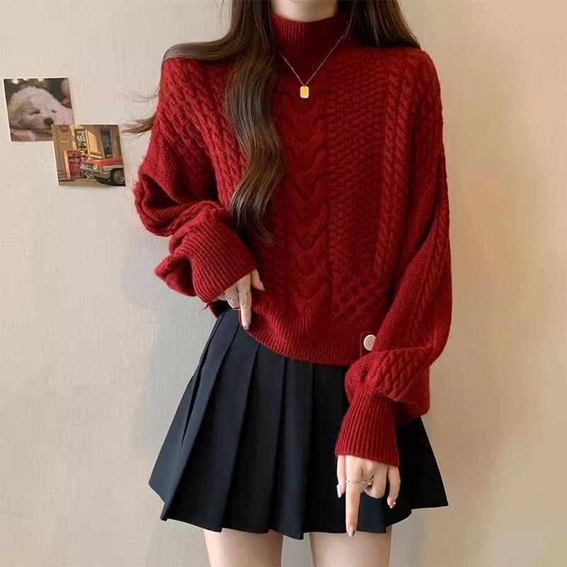 

Women s Red Turtleneck Cable Knit Sweater Oversized Long-Sleeve Casual Pullover S червоний