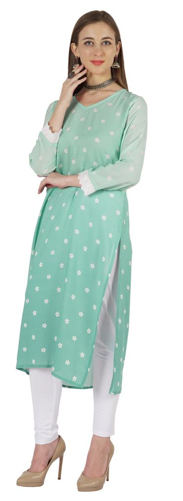Bimba Women's Cotton Straight Turquoise 3/4 Sleeve Embroidered Formal Kurta Bimba Women's Cotton Straight Turquoise 3/4 Sleeve Embroidered Formal Kurta