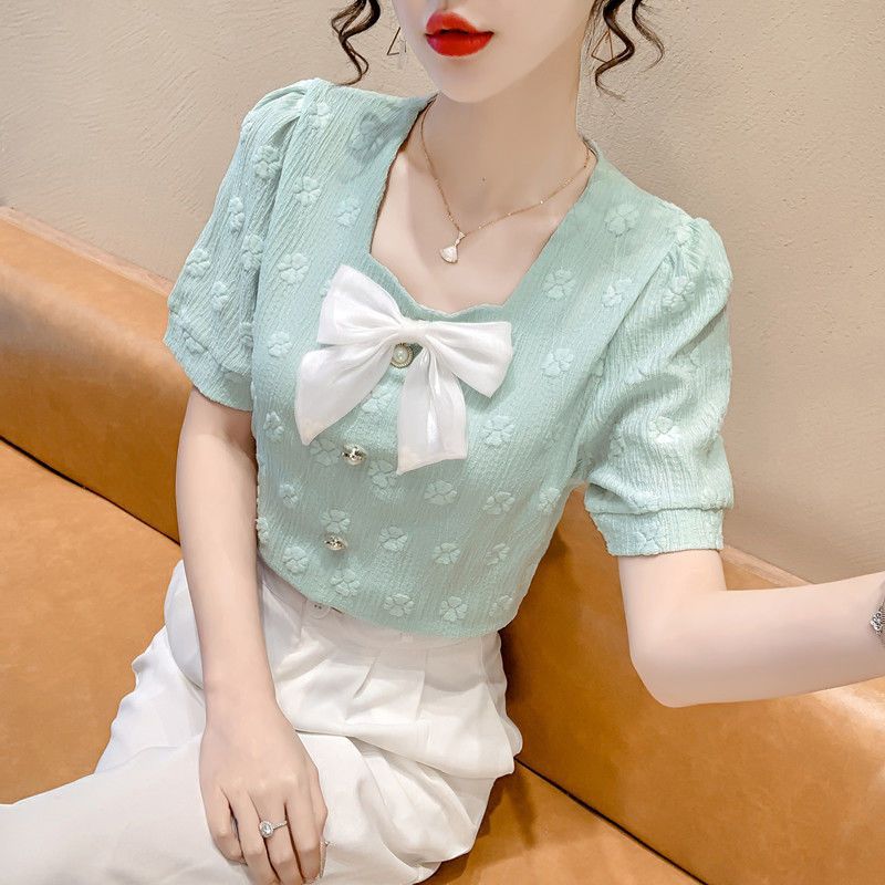 Spring and Autumn Women's Collar Bow Slimming Long Sleeved Shirt Loose Fitting Pullover Top