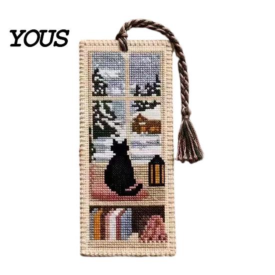 Retro Bookmark DIY Stitch Kit for Adults Beginners, Seasonal Cat Reading Accessory Handmade Embroidery Kit, Gifts Lovers, Readers Artistic