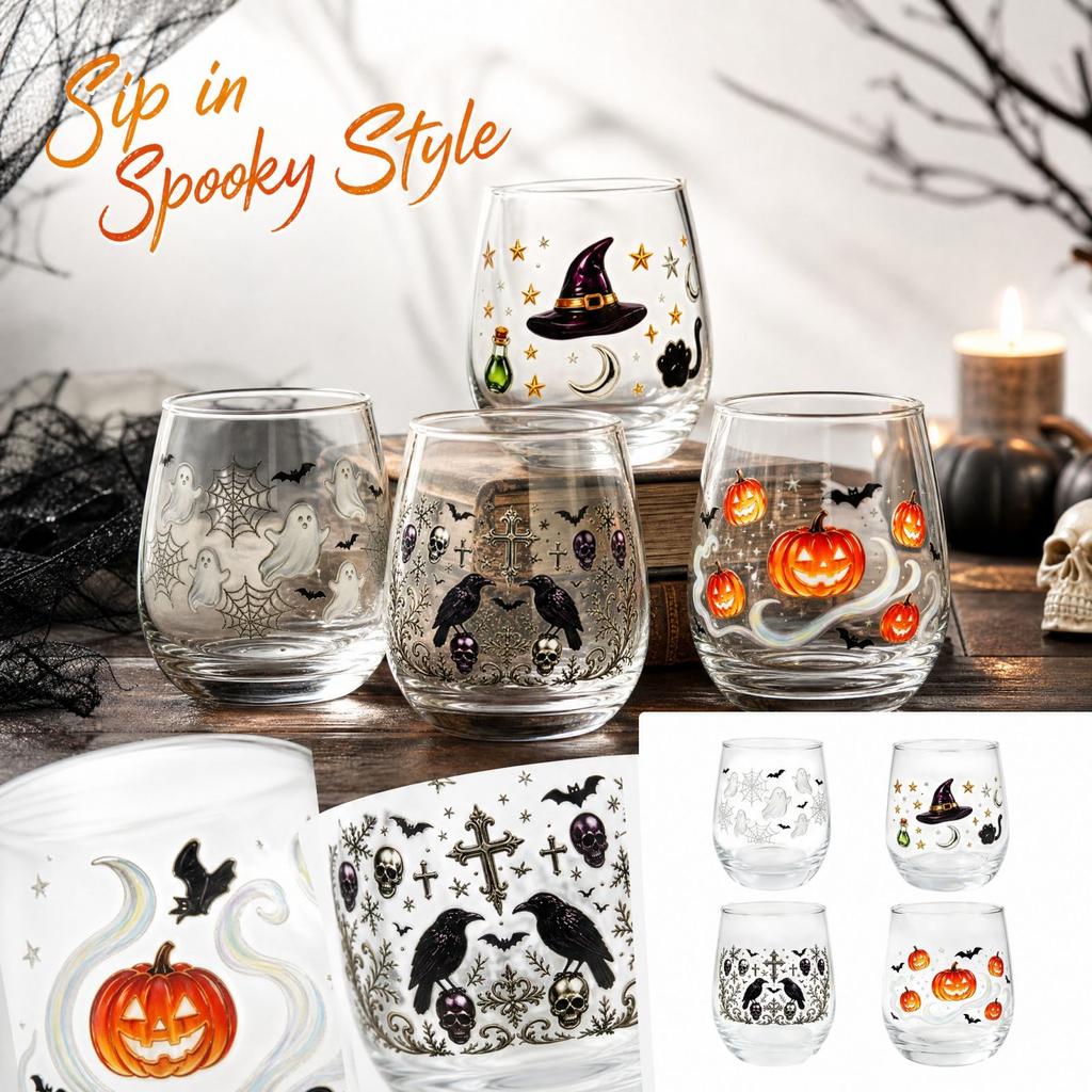 Halloween 2D Multi Pattern Transparent Glass Cup for Party Holiday Drinks and Home Décor