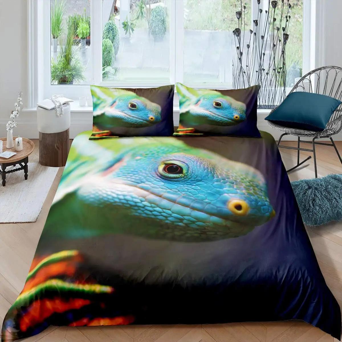 

Chameleon Soft Duvet Cover 3D Wild Animal Theme Adult Peoples Young Boys Gren Leaf Tropical Rain Forest Area Comfortable Quilt Cover for Bedrom 120*200cm Single