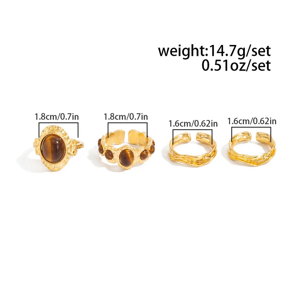 SHIXIN 4Pcs/Set Vintage Oval Brown Stone Open Rings for Women Luxury Round Gold Color Adjustable Knuckle Ring Lady Jewelry Gift