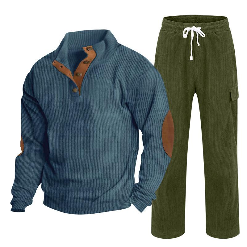 Herren Herbst/Winter Neuankömmling Sportbekleidung Zweiteiliges Set Cord Knopfleiste Henley Oberteil und Straight-Leg Hose Lässiges Ensemble