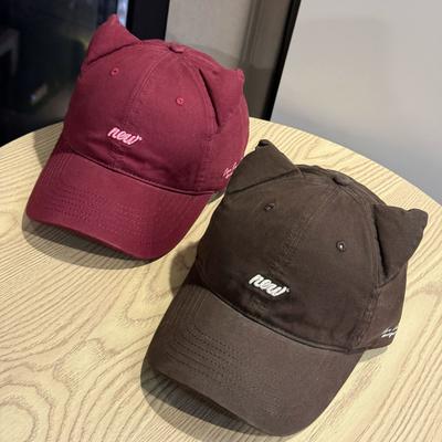 New Korean Style Letter Embroidered Cat Ears Peaked Cap for Women Street Photo Taking Face Showing Small Baseball Cap Trendy Casual and Versatile
